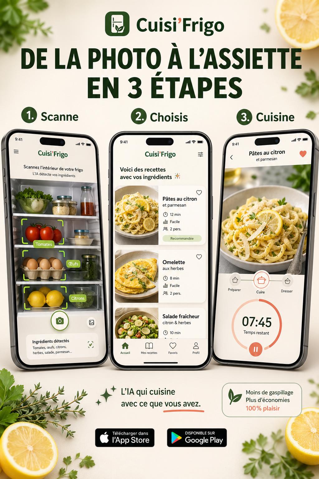 Trois écrans de l'app Cuisi'Frigo