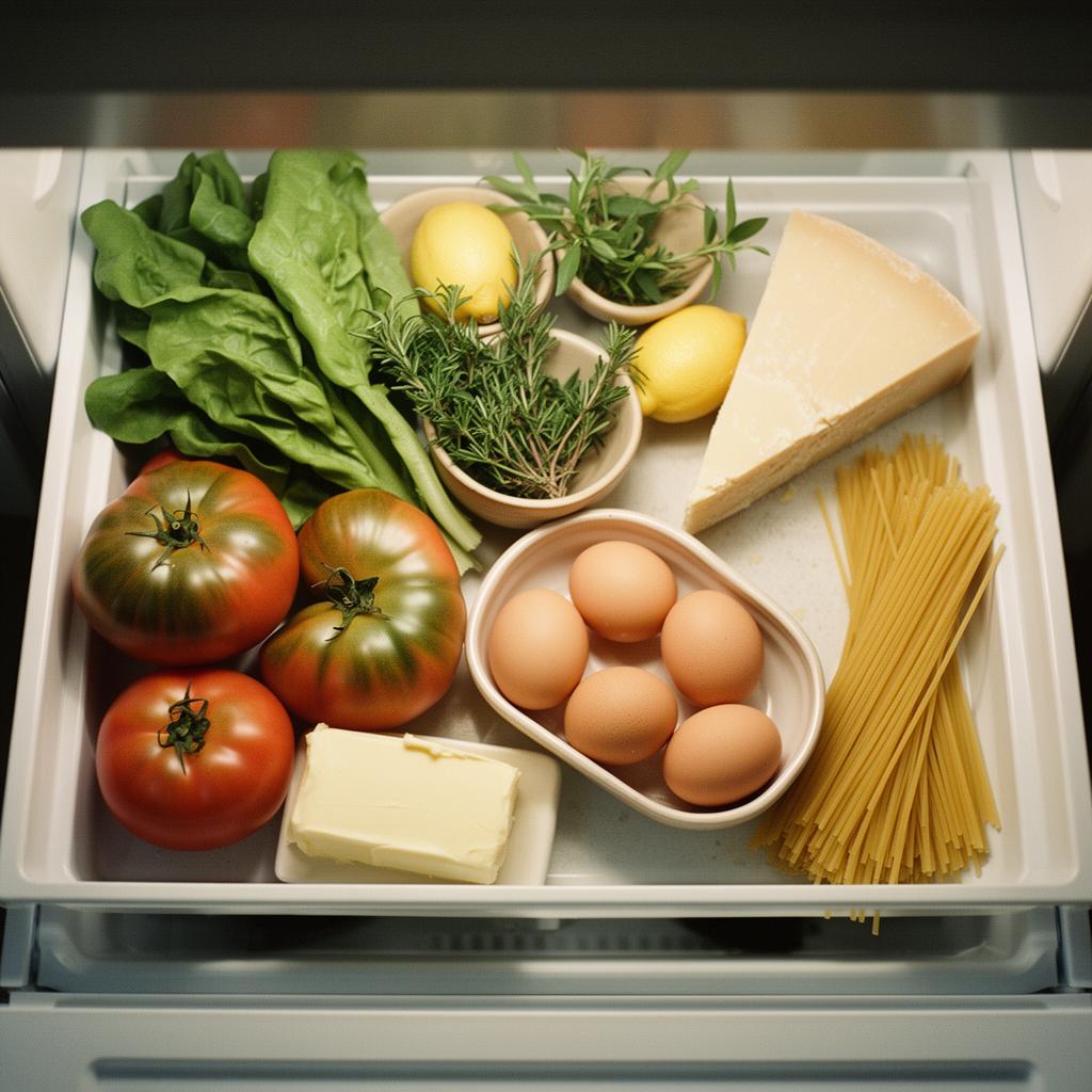 Open fridge with fresh ingredients